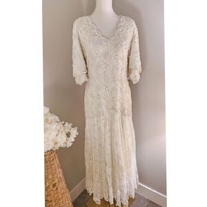Laurence Kazar Vintage 80’s Off White Lace Wedding Formal Long Maxi Dress